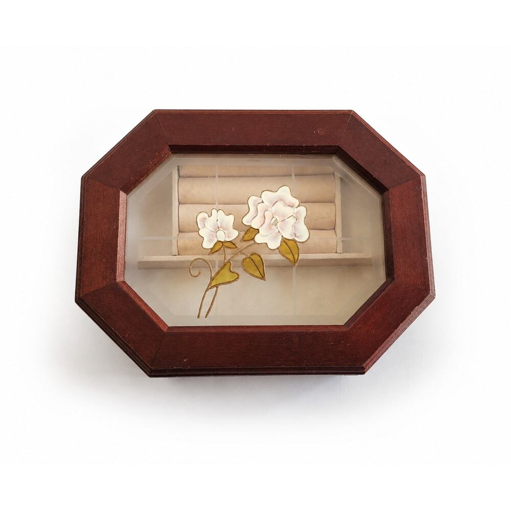Vintage Wooden mele Octagon Jewelry Trinket Box Floral Stained Glass Style 9x5"